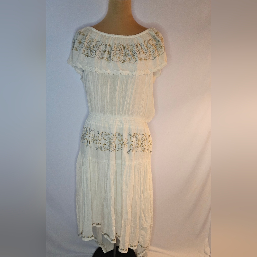 Boston Proper Cream Embroidered Hi Low Dress - L